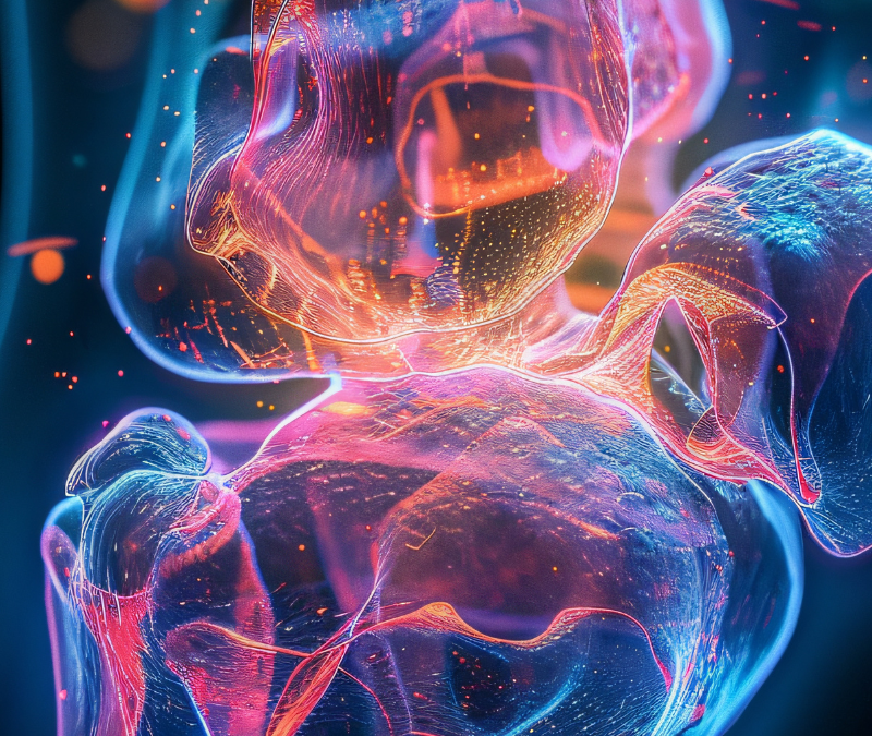 Abstract glowing 3D medical illustration of a bone structure or joint, highlighting internal biological processes and density