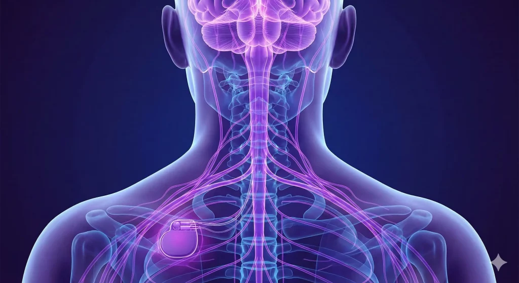 Vagus nerve stimulation illustration with glowing purple nerves.