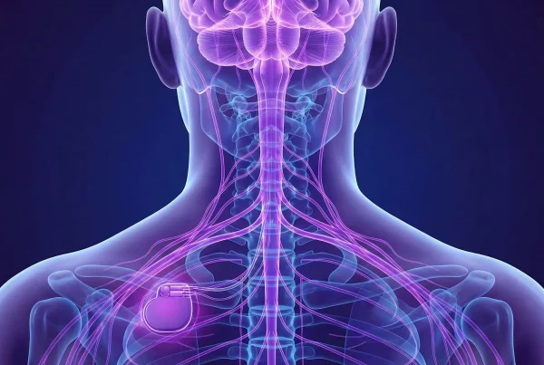Vagus nerve stimulation illustration with glowing purple nerves.
