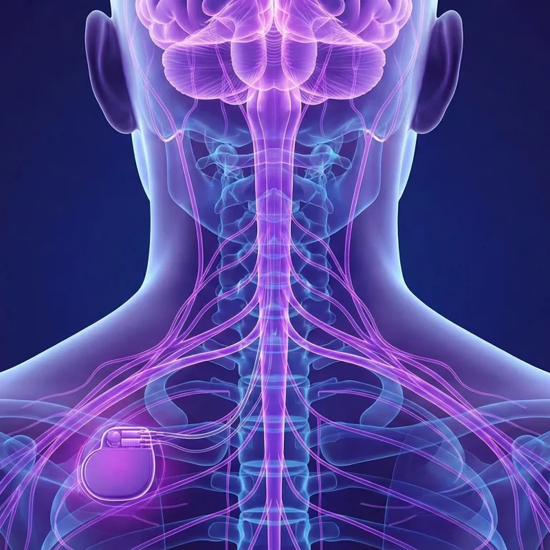 Vagus nerve stimulation illustration with glowing purple nerves.