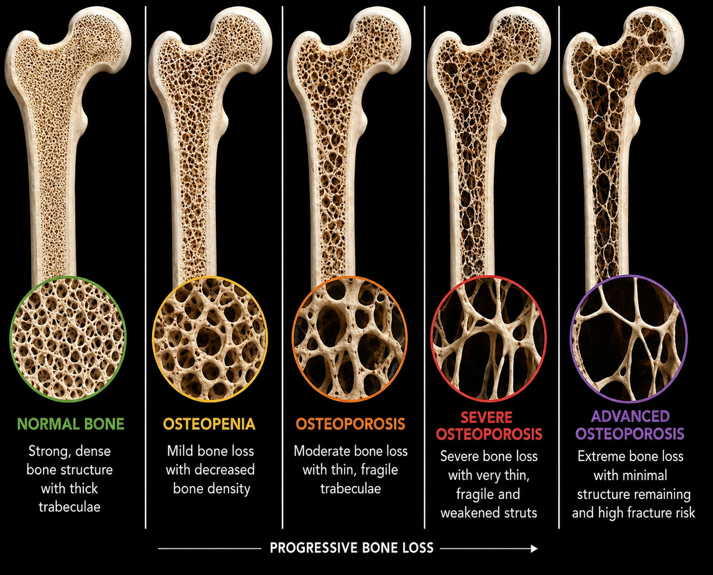 Comparison of healthy bone structure versus osteoporotic bone showing reduced trabecular density