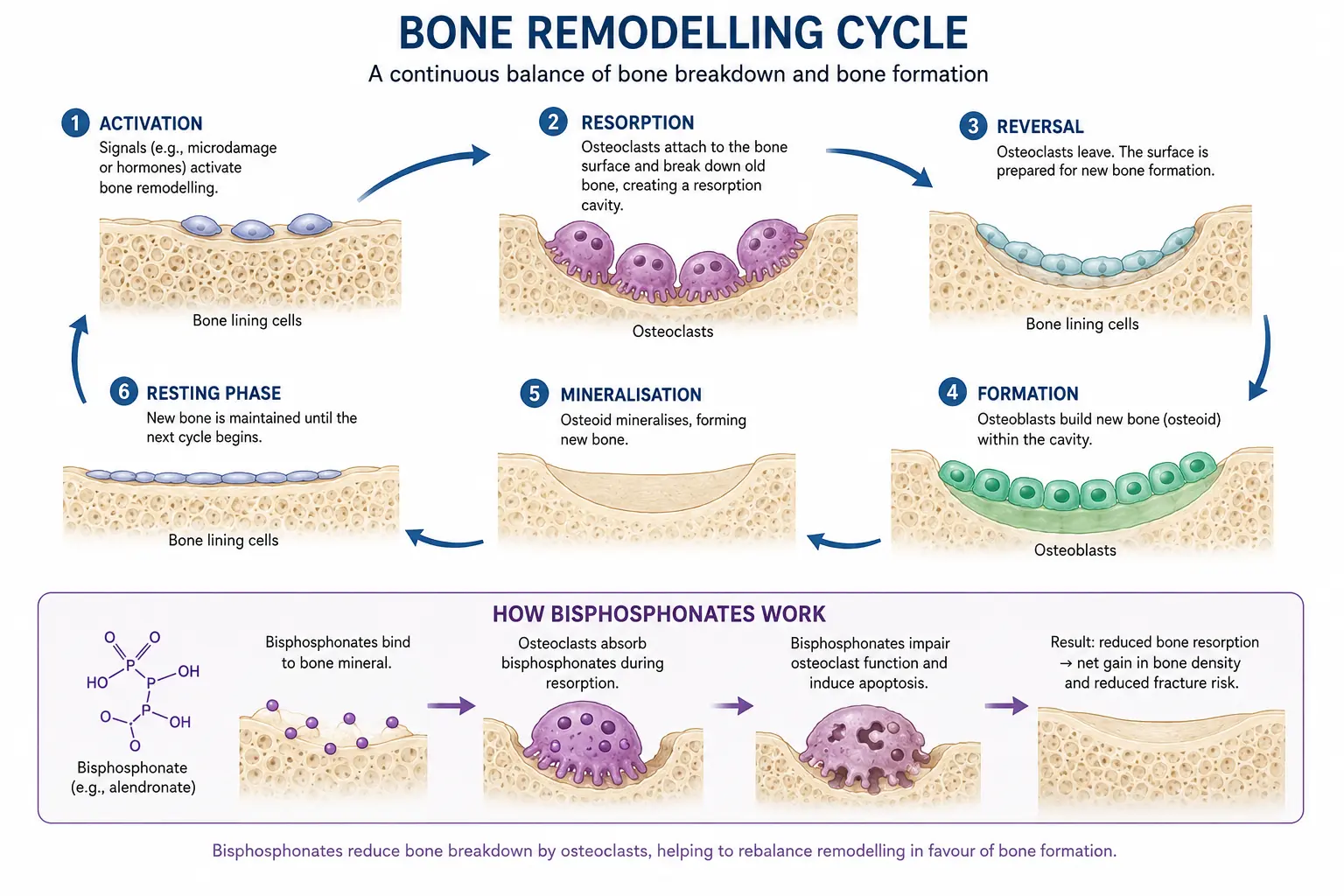 Diagram of the bone remodelling cycle showing osteoclast and osteoblast activity