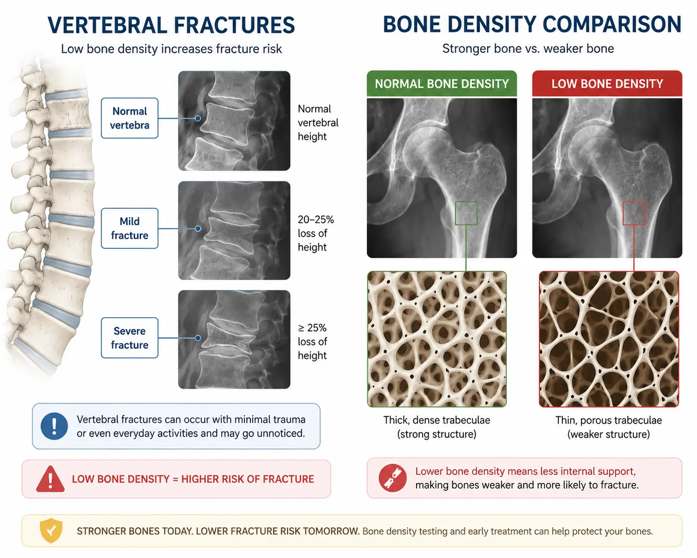 Diagram comparing normal bone density with osteoporotic bone showing structural difference