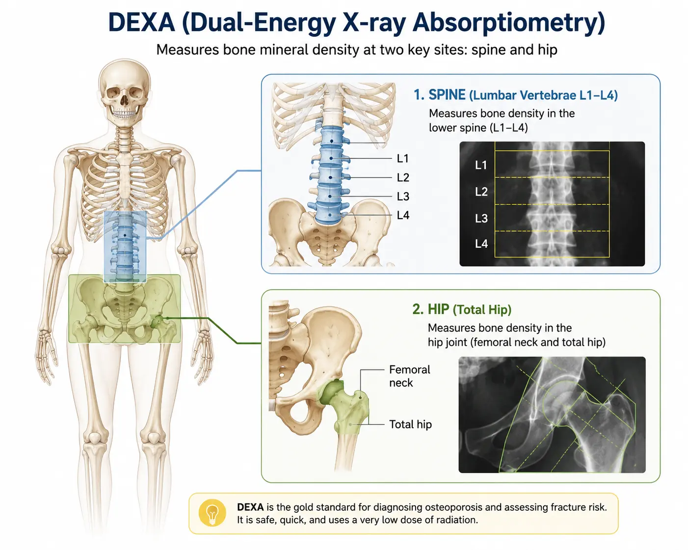 Dual-energy X-ray absorptiometry DEXA scan used to measure bone density in osteoporosis