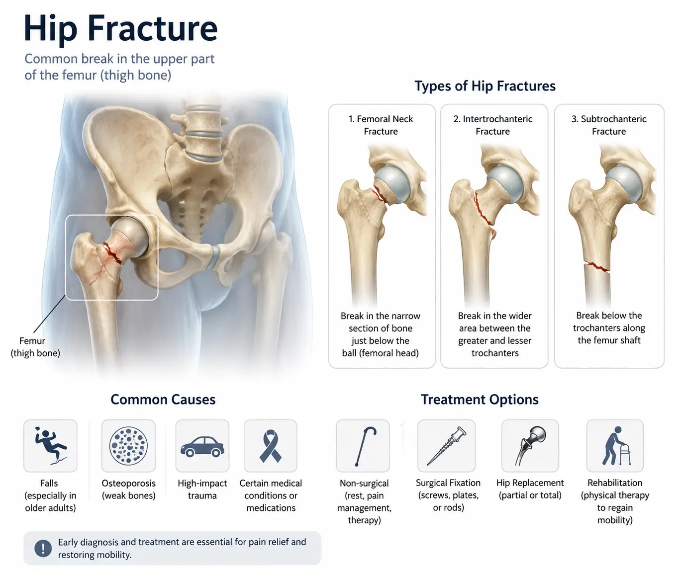 Medical illustration of a hip fracture — the most serious and life-changing consequence of untreated osteoporosis