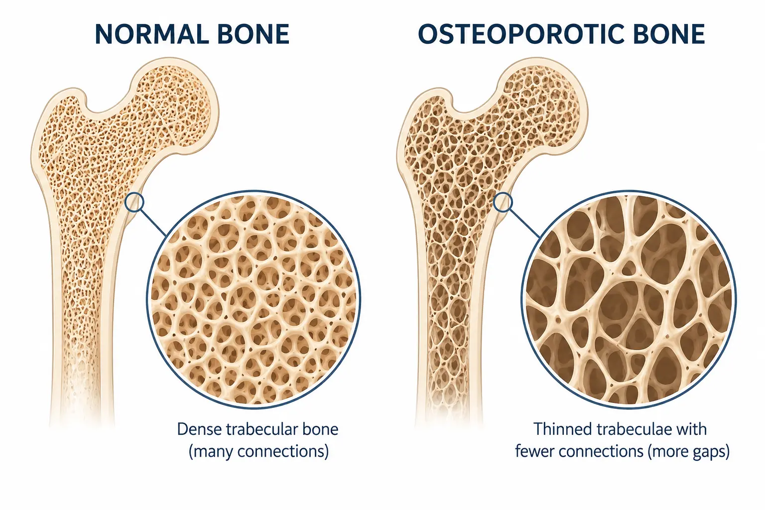 Diagram comparing healthy bone structure with osteoporotic bone showing reduced density