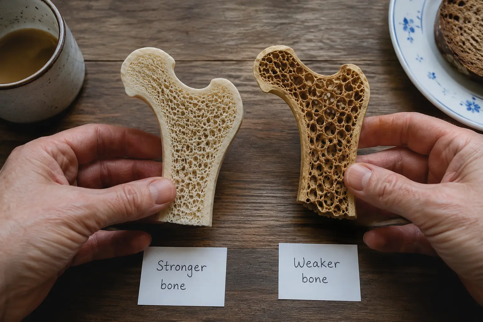 Bone density comparison showing healthy bone versus bone affected by corticosteroid-induced osteoporosis