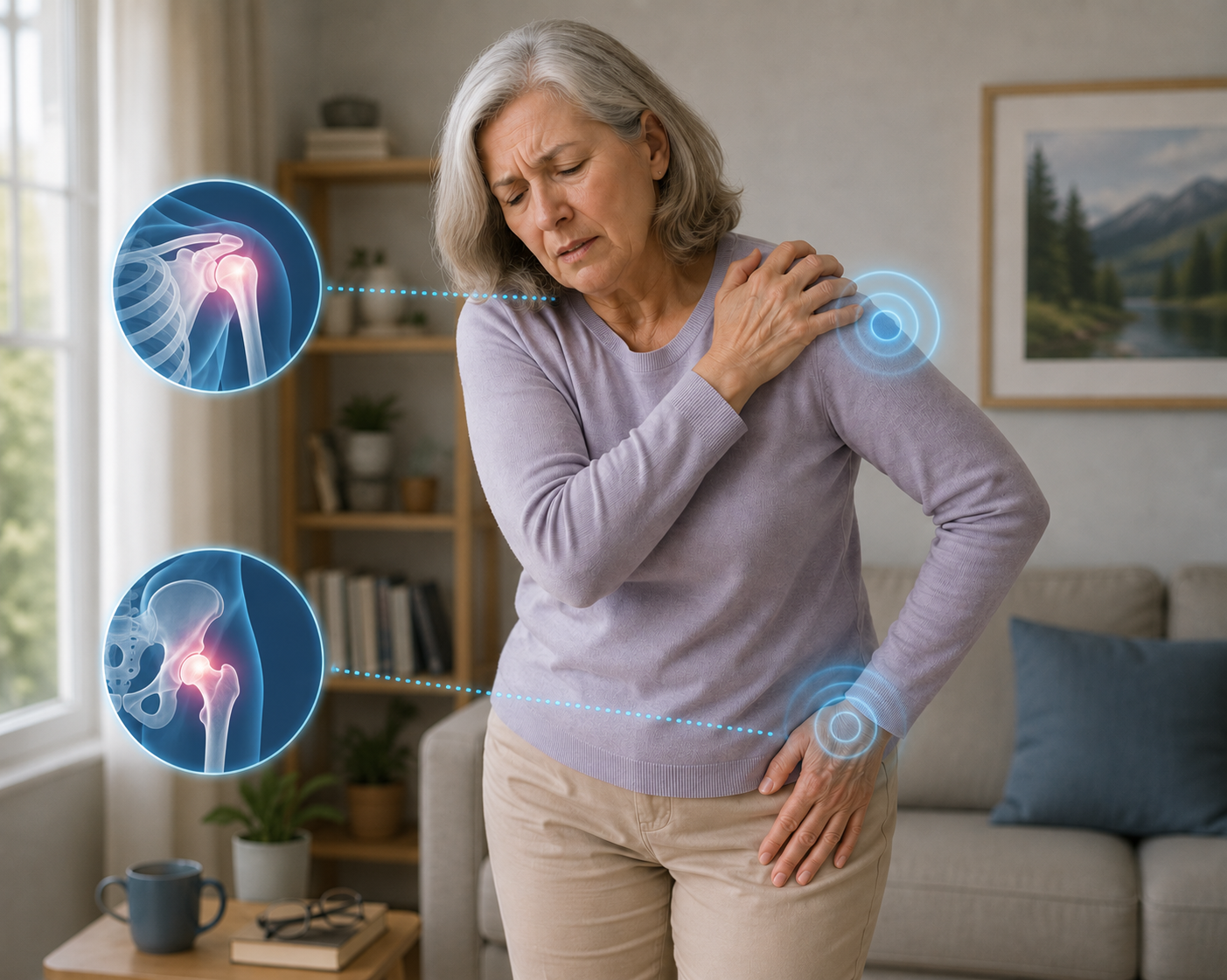 Illustration showing polymyalgia rheumatica symptoms affecting shoulders and hip joints