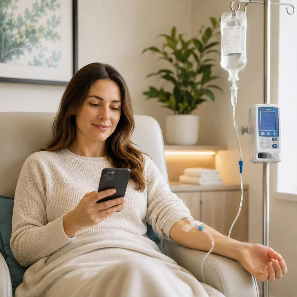 Patient receiving an IV infusion for osteoporosis treatment in a clinic setting