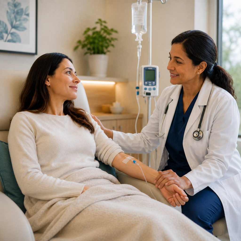 Doctor discussing blood test results and infusion aftercare with an osteoporosis patient