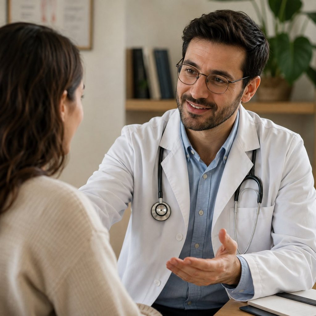 Doctor reassuring a patient about osteoporosis medication side effects during a consultation