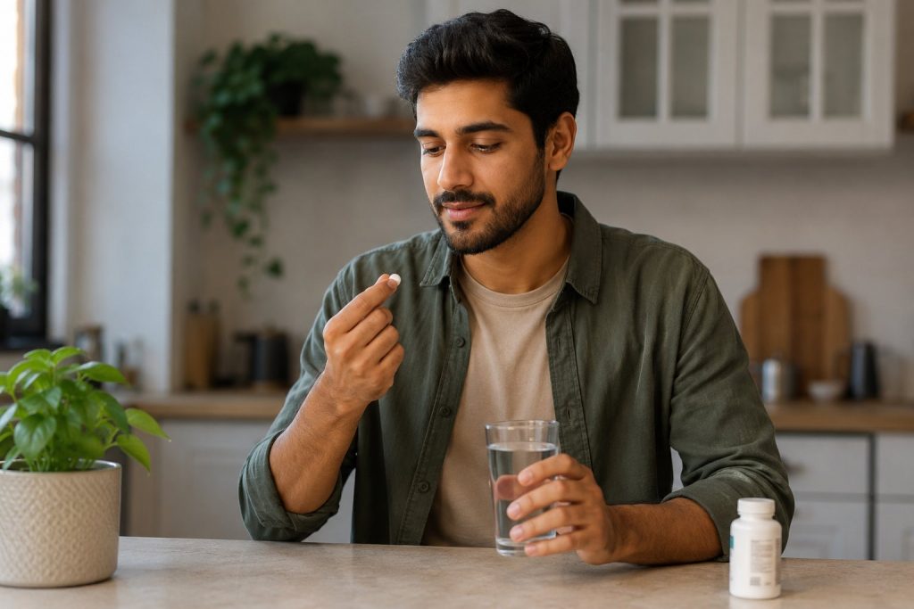 Person taking an oral bisphosphonate tablet with a glass of water