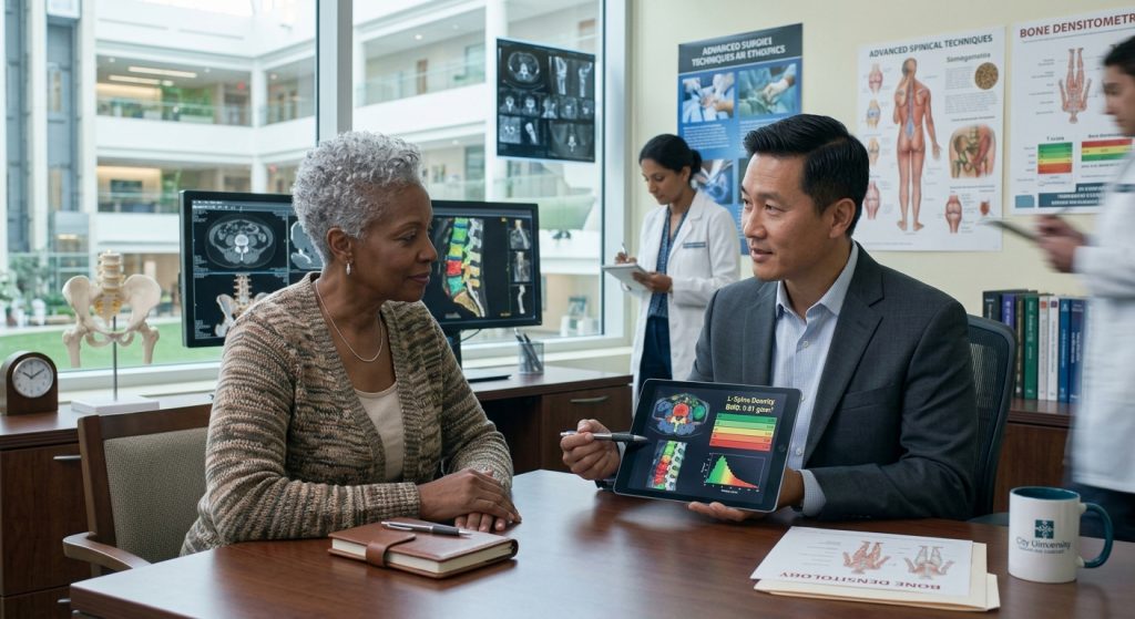 Clinician reviewing bone density results and treatment options with a postmenopausal patient