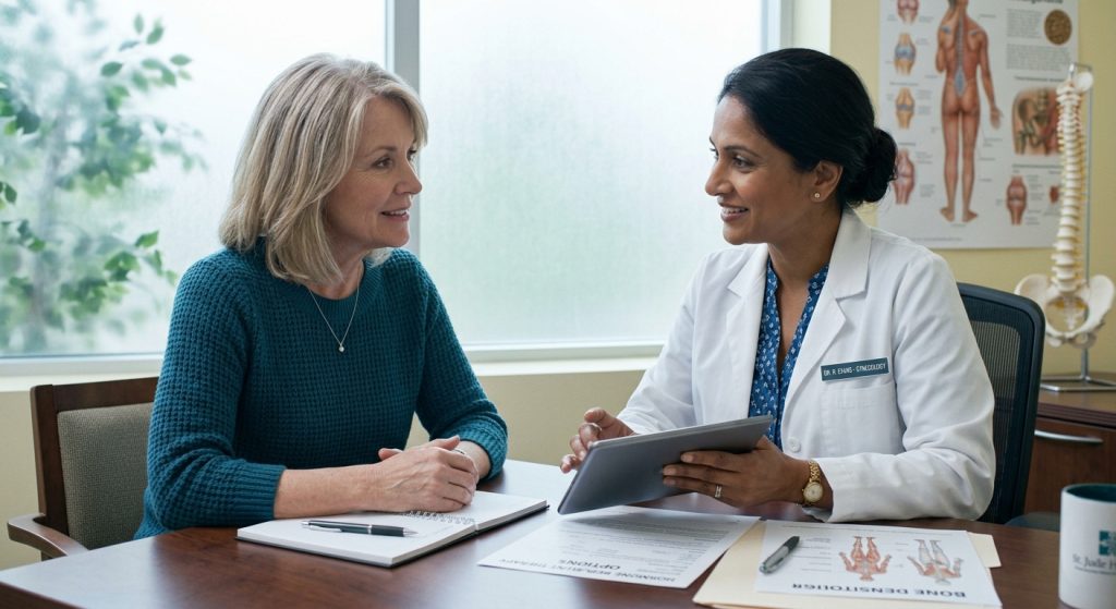 Woman in her fifties discussing hormone replacement therapy options with her doctor