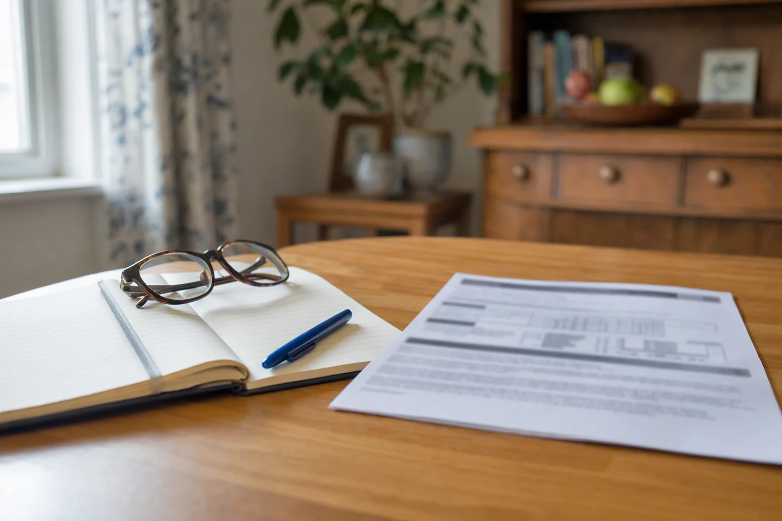 An open notebook, pen and reading glasses beside a blurred printed report on a table.