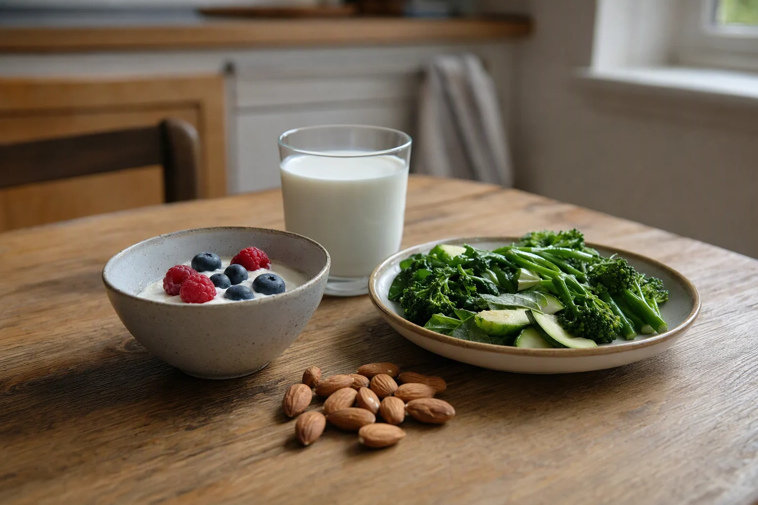 Yoghurt with fruit, a glass of milk, almonds and green vegetables on a kitchen table.