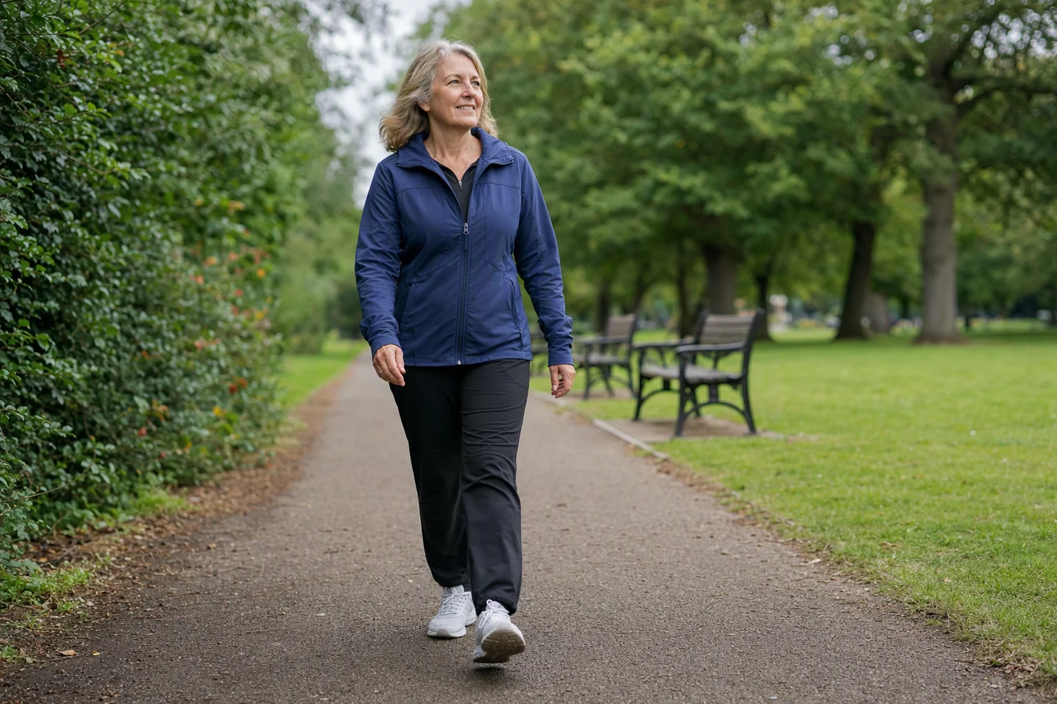 Illustration of a woman in later life walking confidently along a park path.